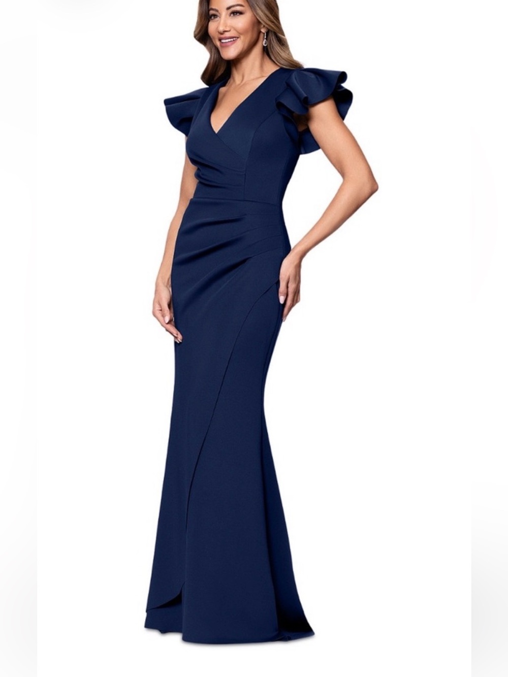 Xscape Navy Petite Ruffle-Sleeve Side Ruched Gown